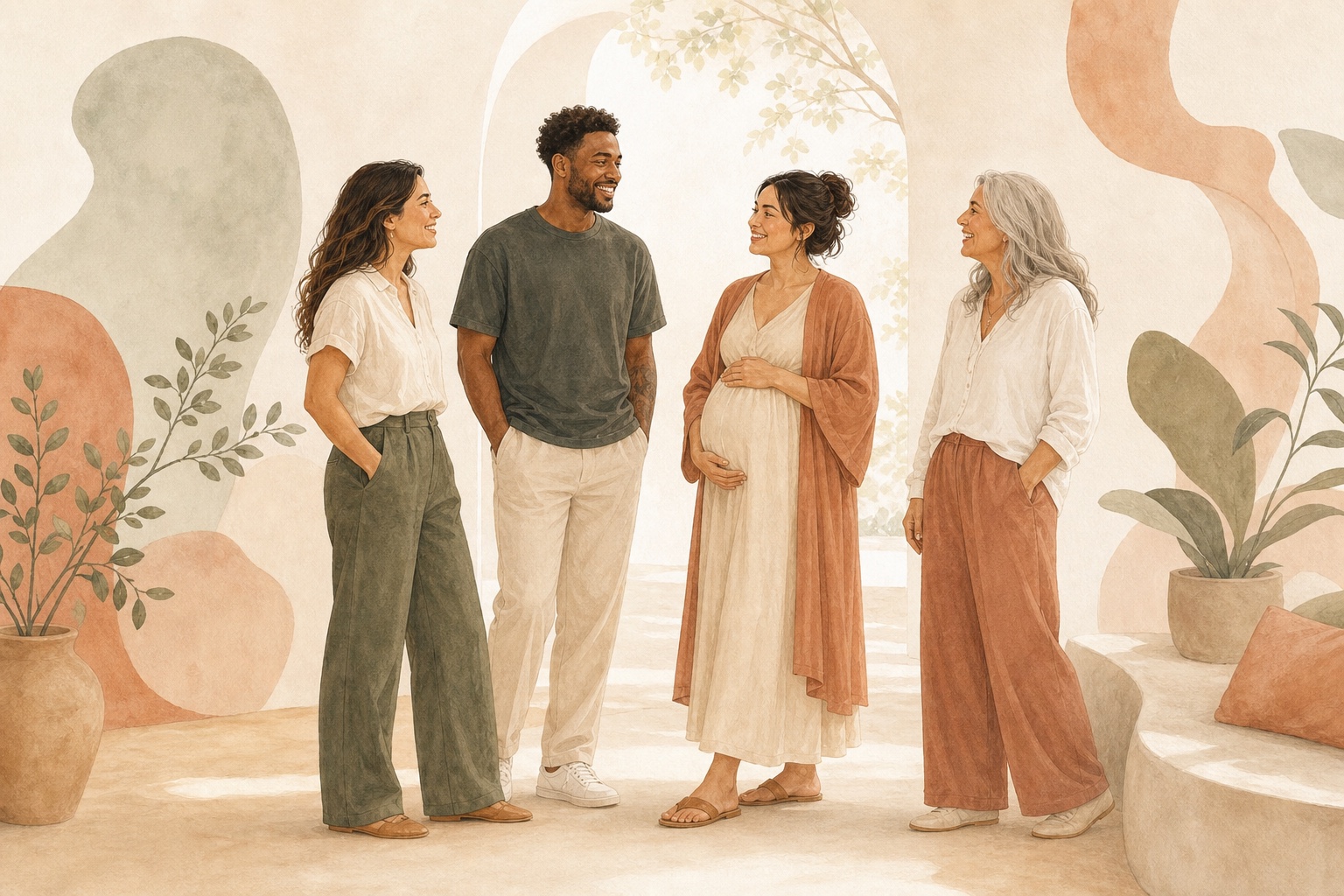 Watercolor illustration of adults of different ages and life stages standing together in a warm, welcoming space