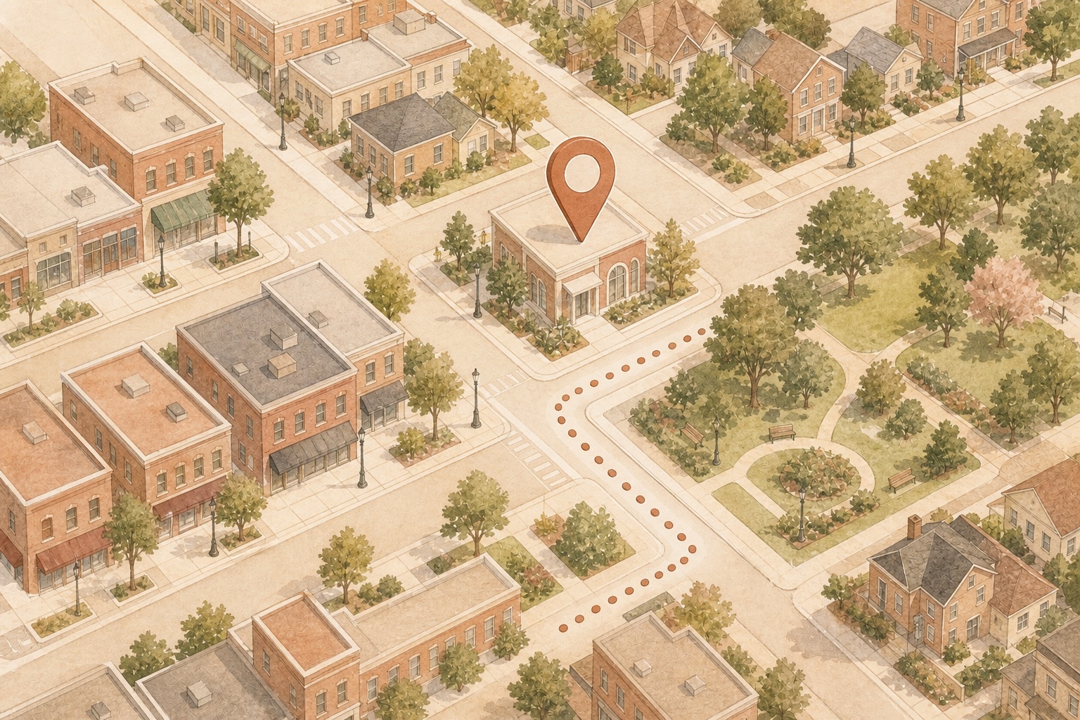 Watercolor illustrated map of a Springfield neighborhood grid with a terracotta clinic location pin