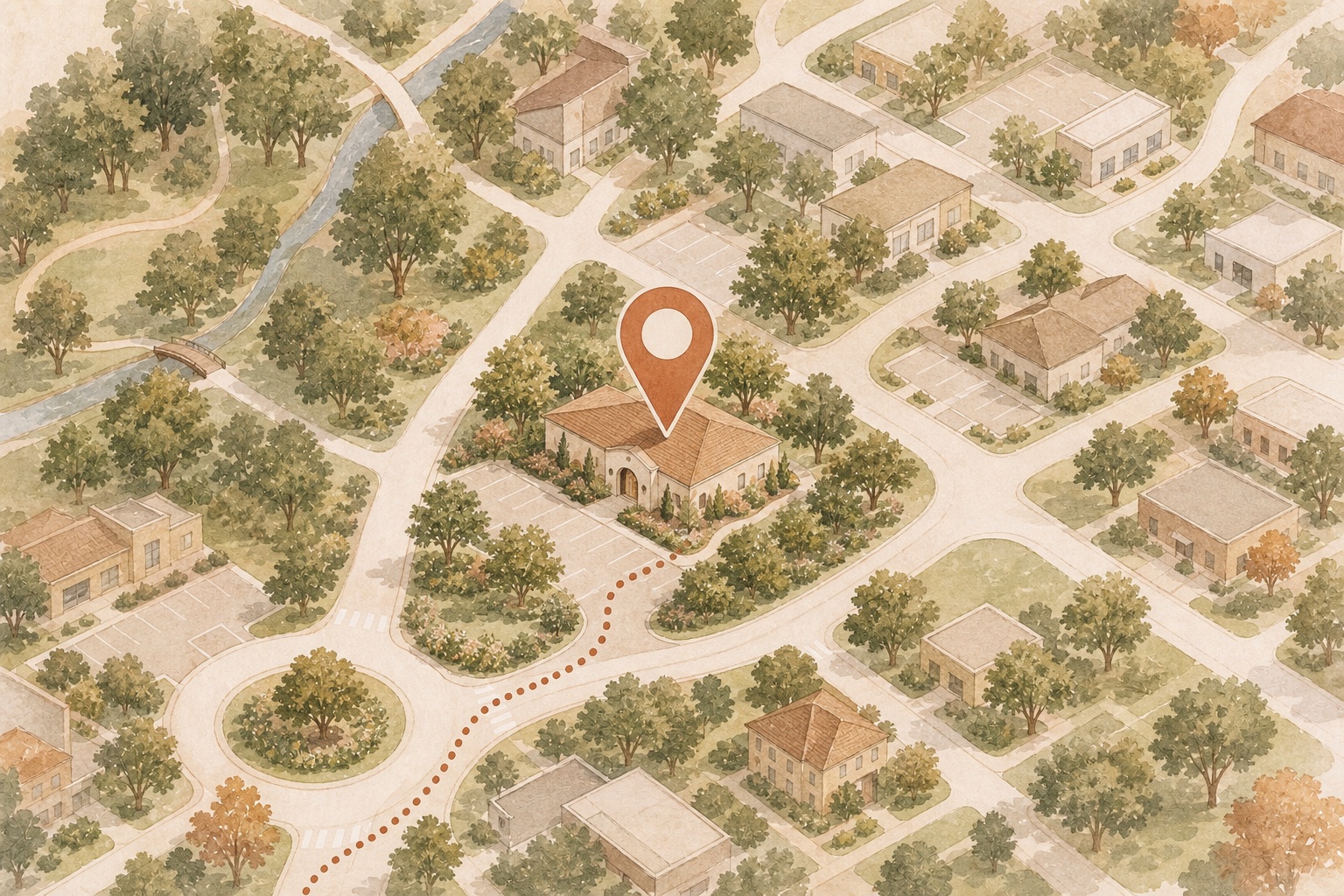 Watercolor illustrated map of a leafy Warren neighborhood with a terracotta clinic location pin