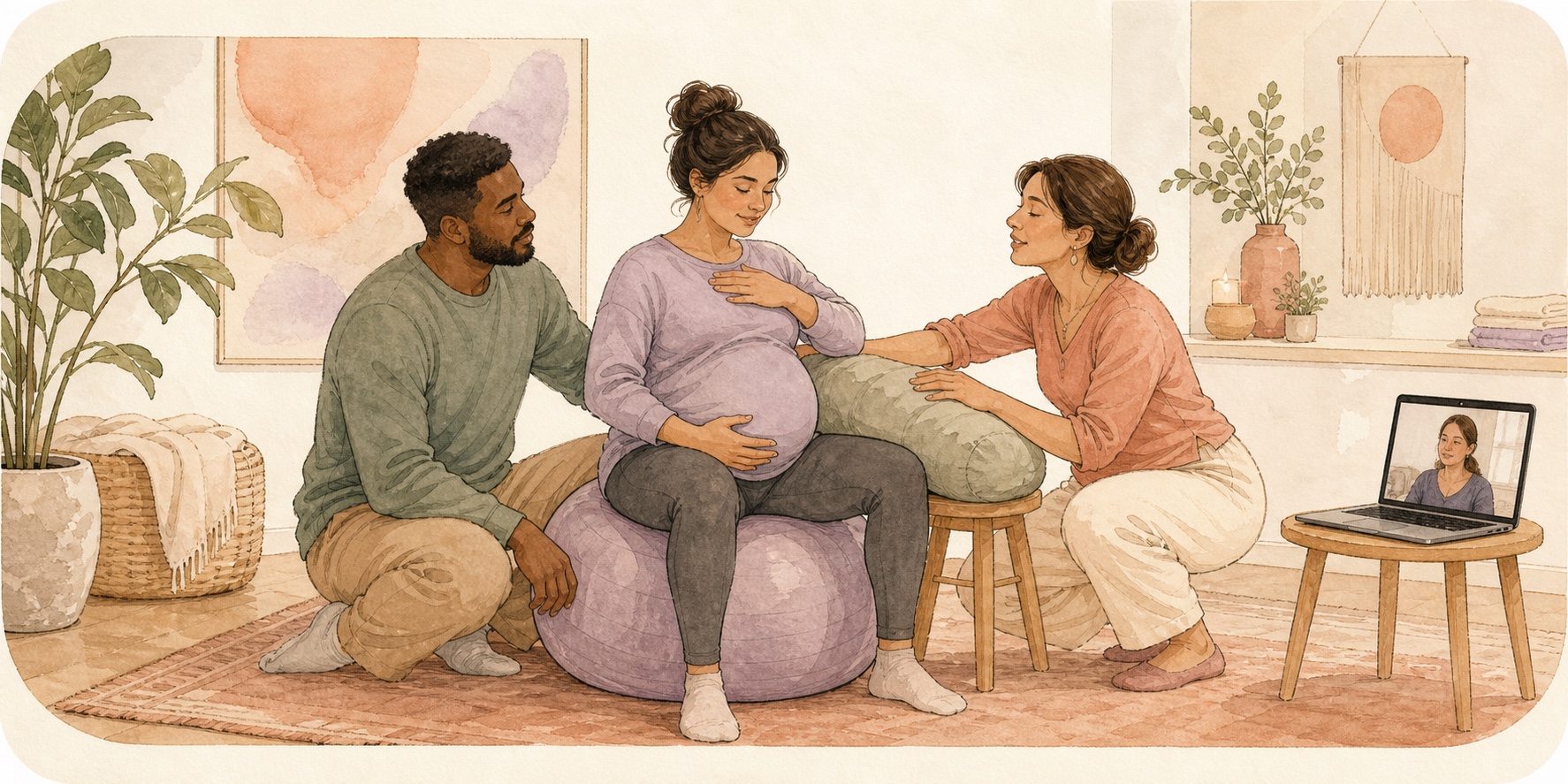 Labor preparation class with a pregnant participant, support partner, and virtual guidance
