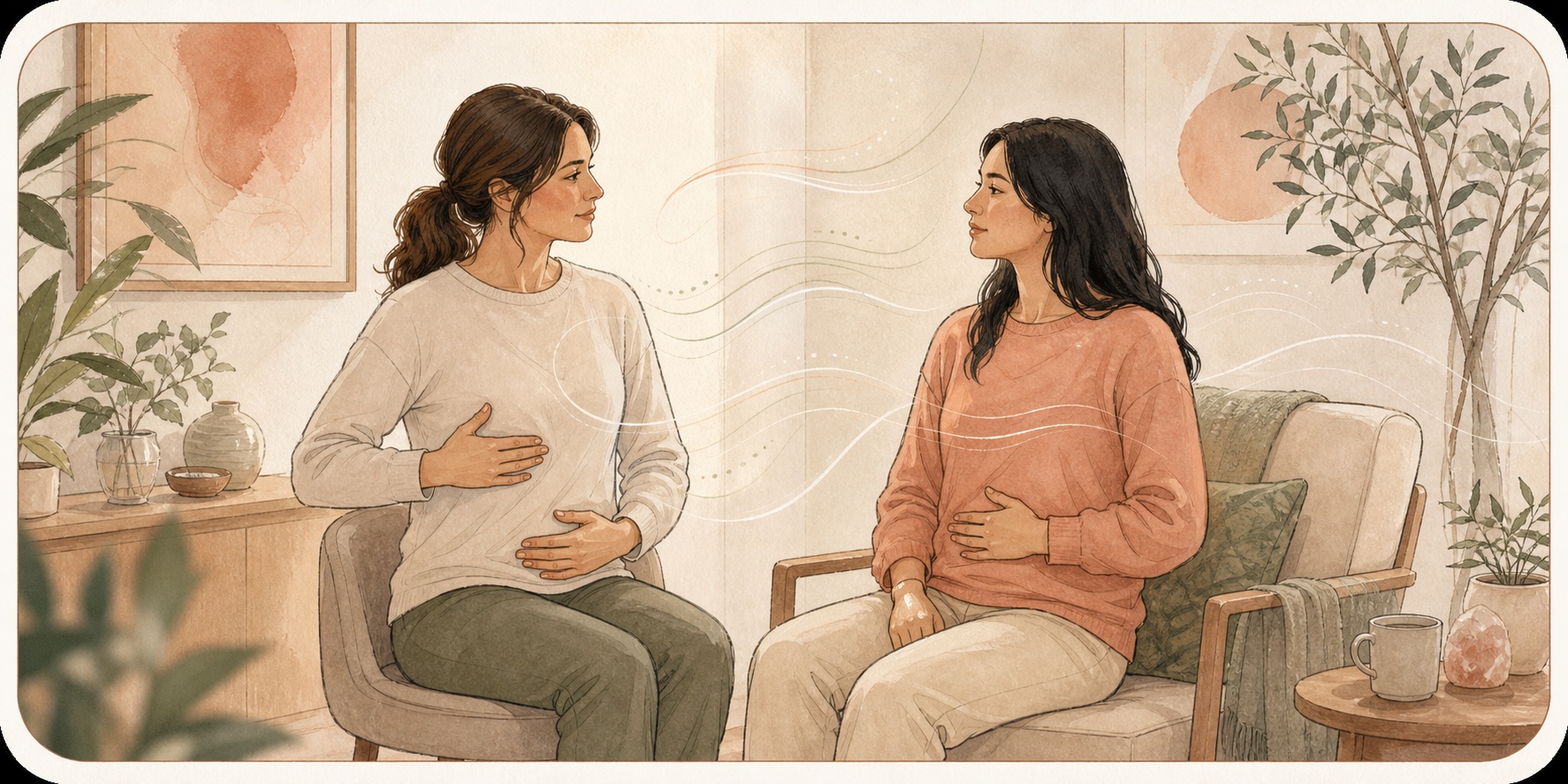 Pelvic floor therapist guiding a patient through a breathing exercise