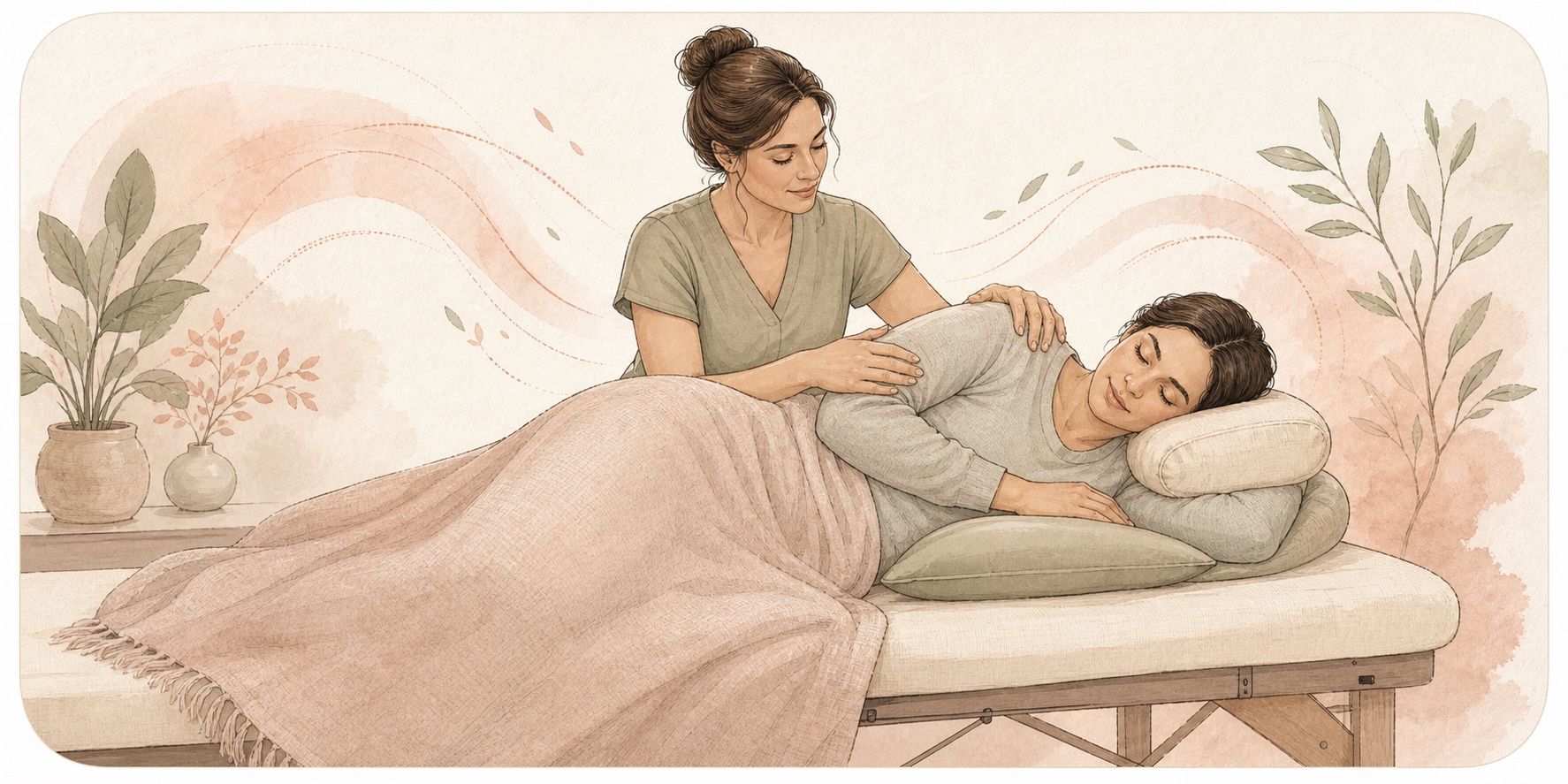 Massage therapist providing gentle side-lying restorative care