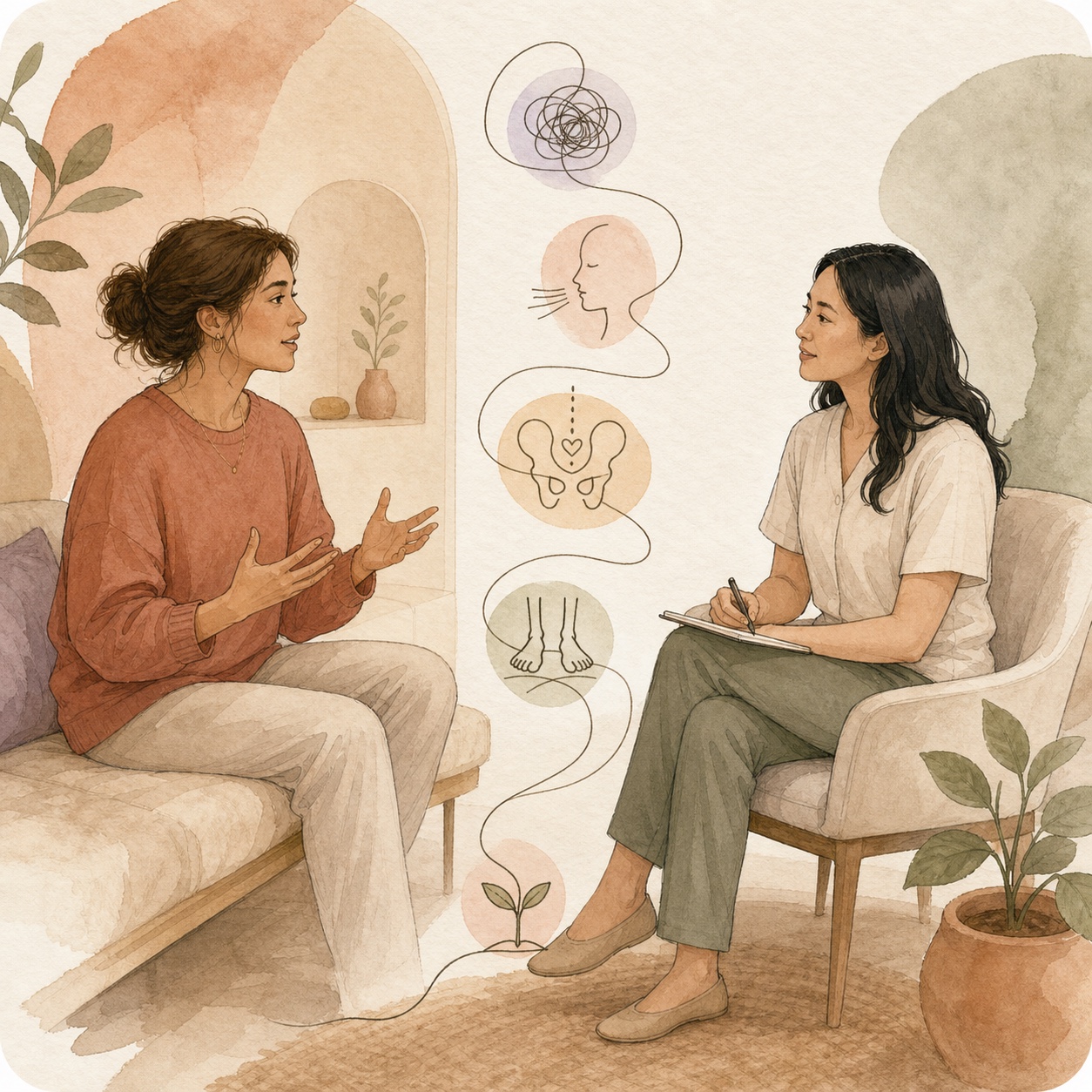 A patient sharing her experience with an attentive pelvic-health physical therapist, connected by symbols of breath, pelvic support, and grounded movement